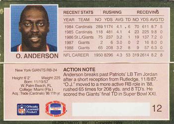 1989 Action Packed Test #12 Ottis Anderson Back