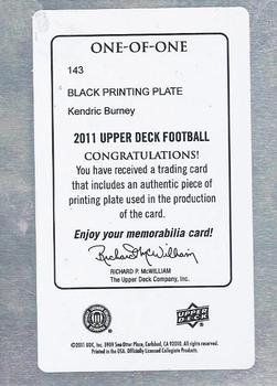 2011 Upper Deck - Printing Plates Black #143 Kendric Burney Back
