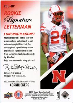2011 Upper Deck - Rookie Letterman Autographs #RSL-NP Niles Paul Back