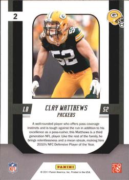 2011 Score - Complete Players Artist's Proof #2 Clay Matthews Back