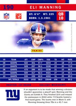 2011 Score - Scorecard #190 Eli Manning Back