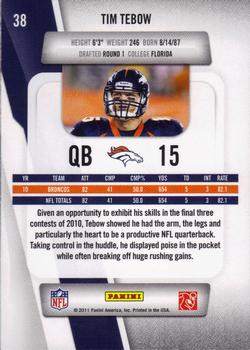 2011 Panini Prestige - Rookie Review #38 Tim Tebow Back
