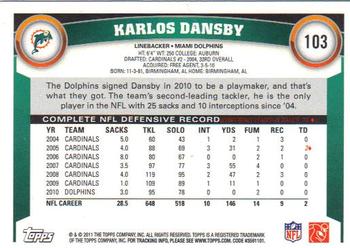 2011 Topps #103 Karlos Dansby Back