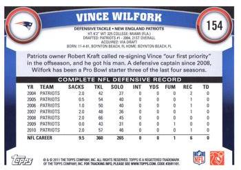 2011 Topps #154 Vince Wilfork Back