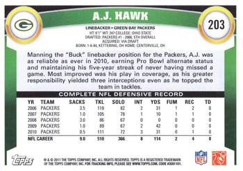 2011 Topps #203 A.J. Hawk Back