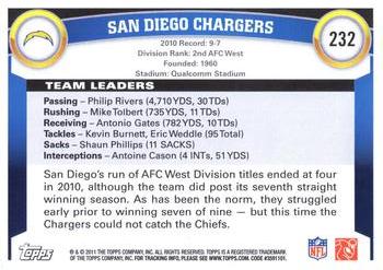 2011 Topps #232 San Diego Chargers Back