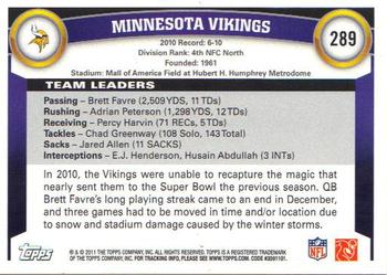 2011 Topps #289 Minnesota Vikings Back