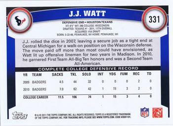 2011 Topps #331 J.J. Watt Back