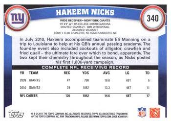2011 Topps #340 Hakeem Nicks Back