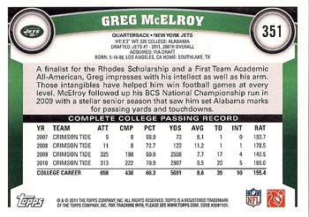 2011 Topps #351 Greg McElroy Back
