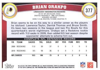 2011 Topps #377 Brian Orakpo Back