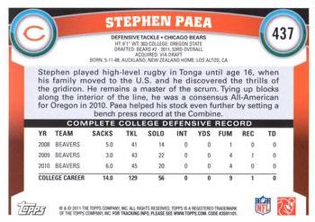 2011 Topps #437 Stephen Paea Back
