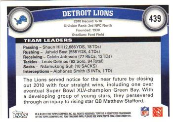 2011 Topps #439 Detroit Lions Back