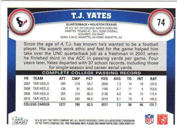 2011 Topps #74 T.J. Yates Back