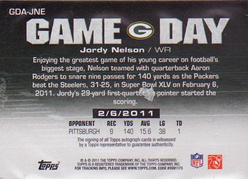 2011 Topps - Game Day Autographs #GDA-JNE Jordy Nelson Back