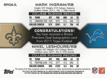 2011 Topps - Rookie Premiere Autographs Dual Red Ink #RPDA-IL Mark Ingram / Mikel Leshoure Back