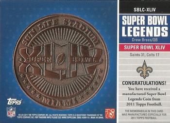 2011 Topps - Super Bowl Legends Coins Bronze #SBLC-XLIV Drew Brees Back