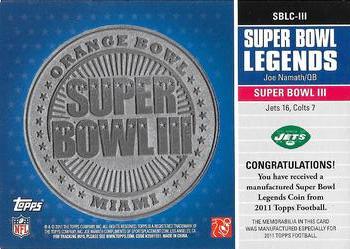 2011 Topps - Super Bowl Legends Coins Pewter #SBLC-III Joe Namath Back