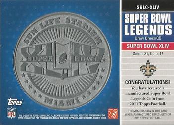 2011 Topps - Super Bowl Legends Coins Pewter #SBLC-XLIV Drew Brees Back