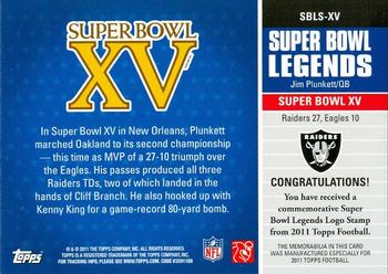 2011 Topps - Super Bowl Legends Logo Stamps #SBLS-XV Jim Plunkett Back