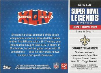 2011 Topps - Super Bowl Legends Player Stamps #SBPS-XLIV Drew Brees Back