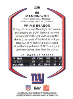 2011 Topps Prime #49 Eli Manning Back