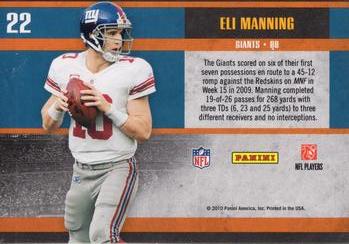 2010 Panini Classics - Monday Night Heroes #22 Eli Manning  Back