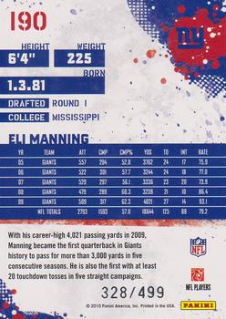 2010 Score - Scorecard #190 Eli Manning  Back
