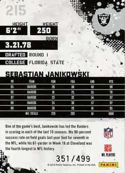 2010 Score - Scorecard #215 Sebastian Janikowski  Back