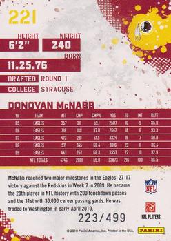 2010 Score - Scorecard #221 Donovan McNabb  Back