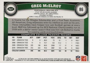 2011 Topps Chrome #86 Greg McElroy Back