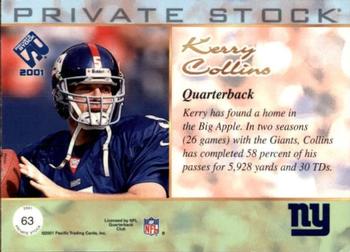 2001 Pacific Private Stock - Premiere Date #63 Kerry Collins Back