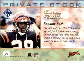 2001 Pacific Private Stock - Retail #20 Corey Dillon Back