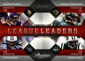 2010 Panini Prestige - League Leaders #17 Adrian Peterson / Maurice Jones-Drew / Chris Johnson / Thomas Jones Front