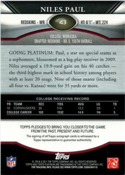 2011 Topps Platinum - Rookie Autographs #43 Niles Paul Back