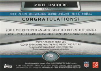 2011 Topps Platinum - Rookie Patch Autographs #94 Mikel Leshoure Back