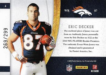2010 Panini Plates & Patches - Rookie Blitz Materials #4 Eric Decker  Back
