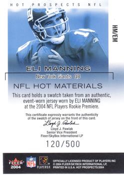 2004 Fleer Hot Prospects - Hot Materials #HM/EM Eli Manning Back