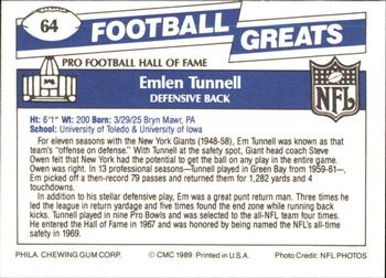 1989 Swell Greats #64 Emlen Tunnell Back