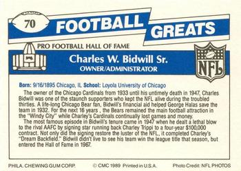 1989 Swell Greats #70 Charles W. Bidwill Sr. Back