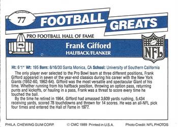 1989 Swell Greats #77 Frank Gifford Back