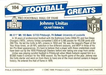 1989 Swell Greats #104 Johnny Unitas Back