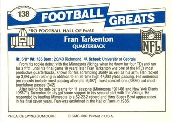 1989 Swell Greats #138 Fran Tarkenton Back