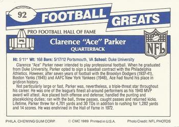 1989 Swell Greats #92 Clarence Parker Back