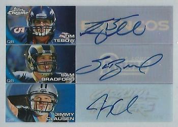 2010 Topps Chrome - Triple Rookie Autographs #CTRA-1 Tim Tebow / Sam Bradford / Jimmy Clausen  Front