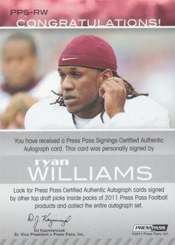 2011 Press Pass - Autographs Blue #PPS-RW Ryan Williams Back