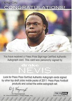 2011 Press Pass - Autographs Bronze #PPS-DN Drake Nevis Back
