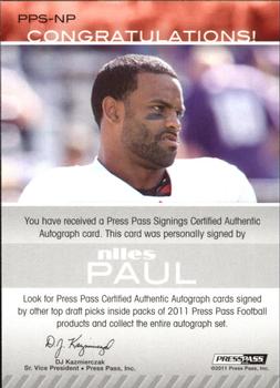 2011 Press Pass - Autographs Bronze #PPS-NP Niles Paul Back
