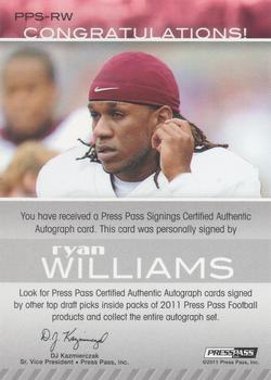2011 Press Pass - Autographs Red #PPS-RW Ryan Williams Back