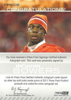 2011 Press Pass - Autographs Silver #PPS-DB Da'Quan Bowers Back